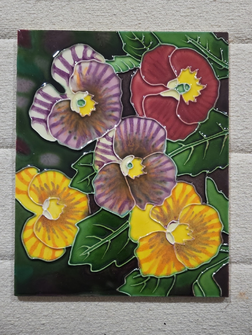 Handcrafted Floral Ceramic Wall Tile - Yellow, Purple, Red Pansies 8 X 10 Inches